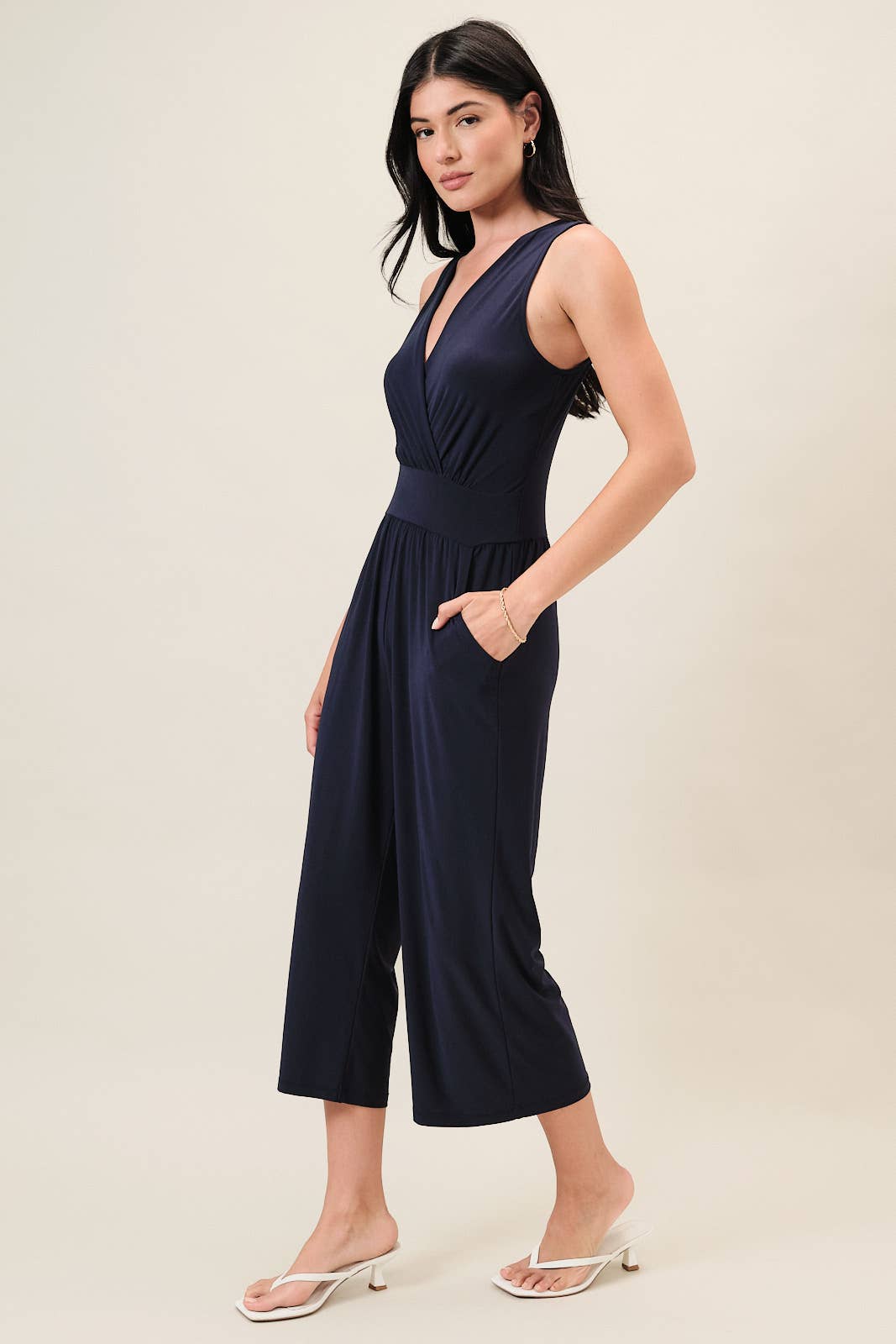 Surplice Sleevless Waist Defined Cropped Jumpsuit: Navy