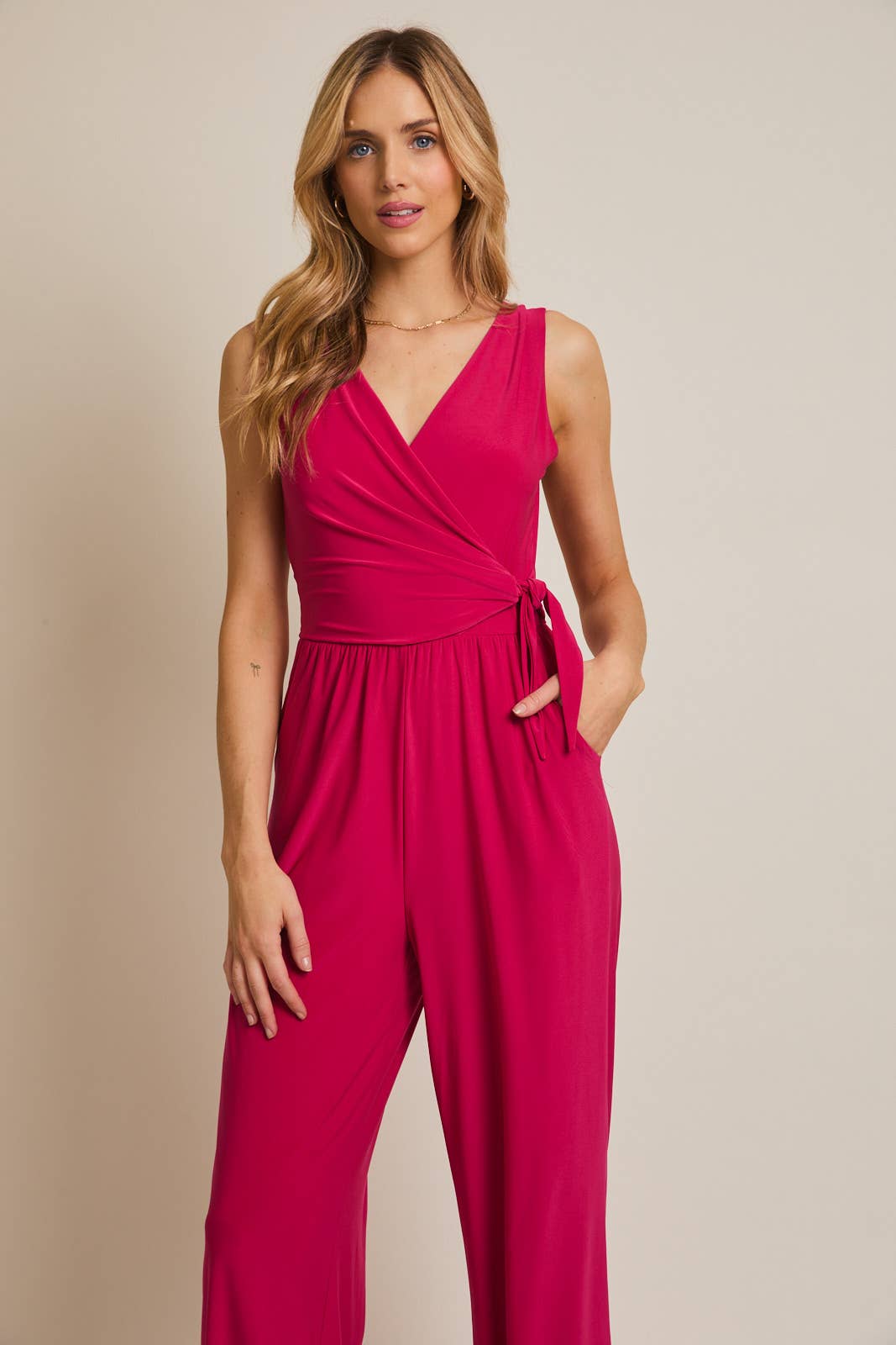 Gilli Sleeveless Wrap Tie Jumpsuit: Fuschia