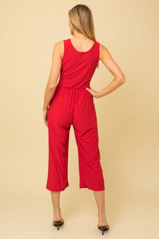Surplice Sleevless Waist Defined Cropped Jumpsuit: Navy