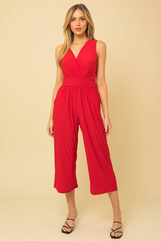 Surplice Sleevless Waist Defined Cropped Jumpsuit: Navy