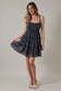 Spagetti Tie Strap Tiered Baby Doll Ditsy Print Mini Dress: Navy-Taupe Ditsy