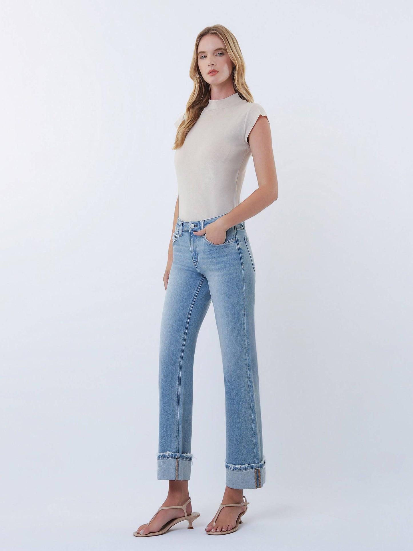 Lovervet Mid Rise Cuffed Slim Wide Leg Jeans