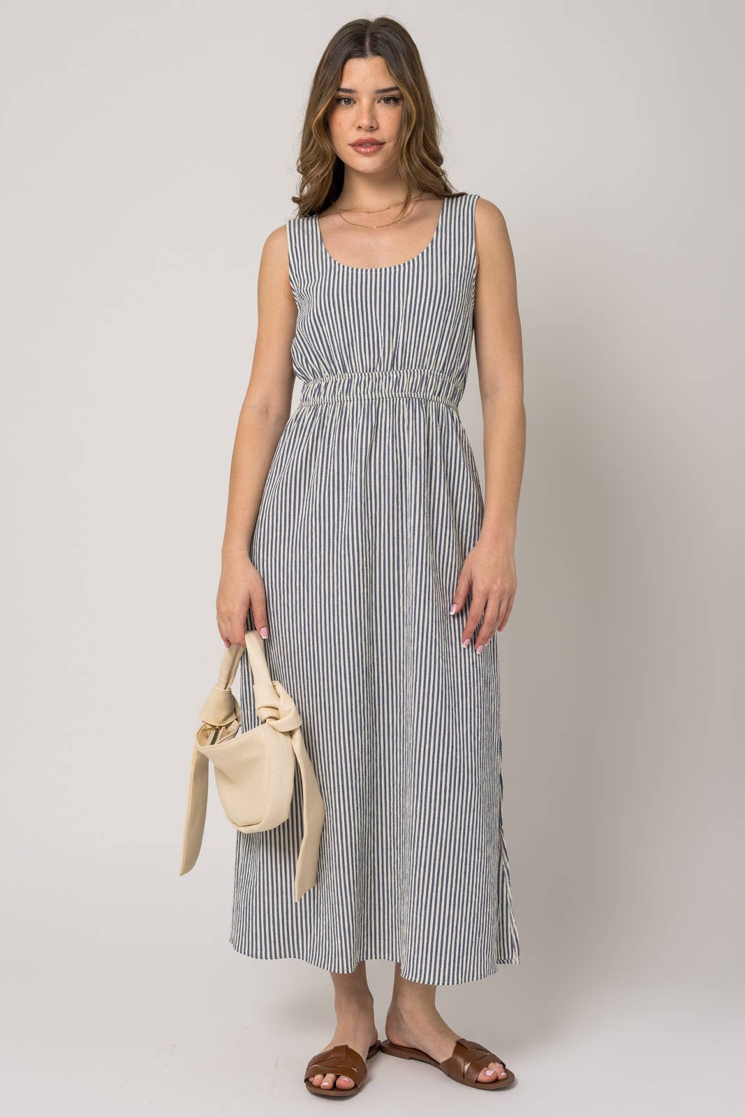 Gilli Sleeveless Elastic Waist Side Slit Maxi Dress: Ivory-Navy Stripe