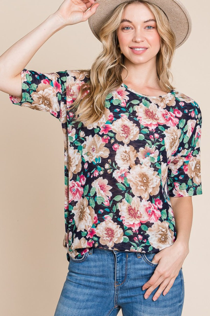 BomBom Floral Round Neck Top