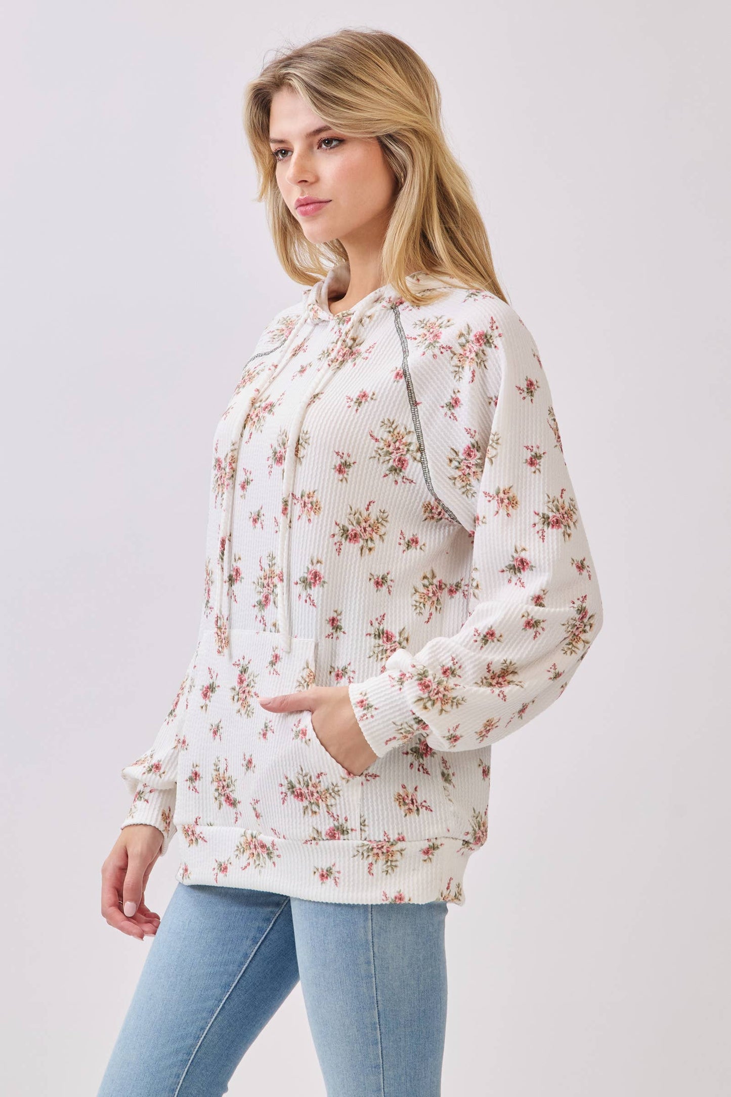 Bombom Off-White Floral Ribbed Hoodie