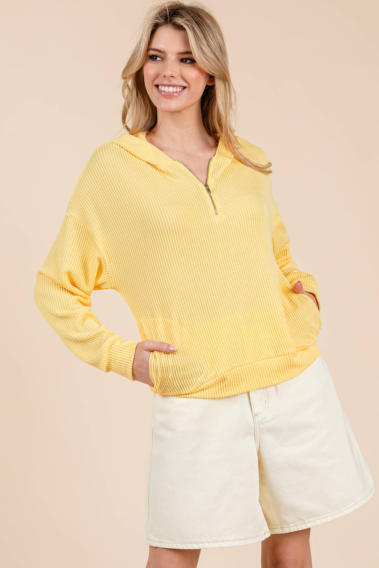 Sunshine Yellow Ribbed Quarter Zip Hoodie