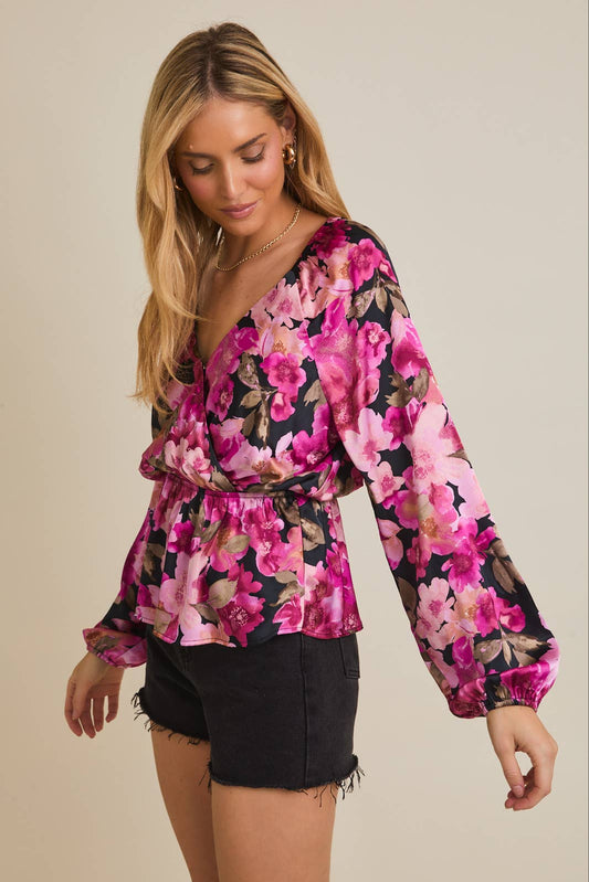 Gilli Long Sleeve Peplum Top: Black-Fuschia Floral