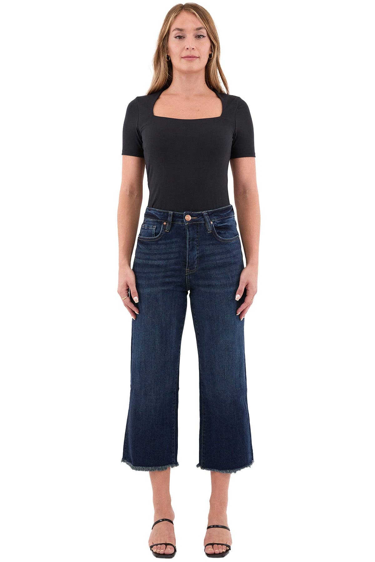 Chloe High Rise Wide Leg Cropped Frayed Jeans: Vintage Tint Dark Wash