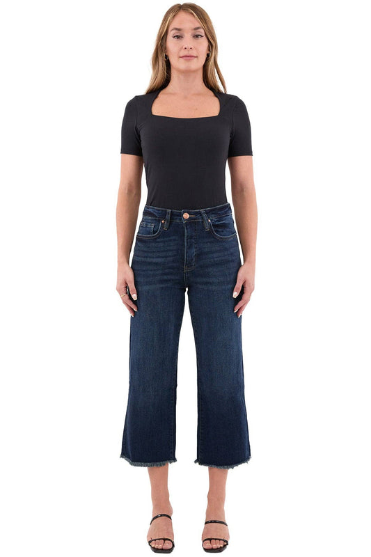Chloe High Rise Wide Leg Cropped Frayed Jeans: Vintage Tint Dark Wash
