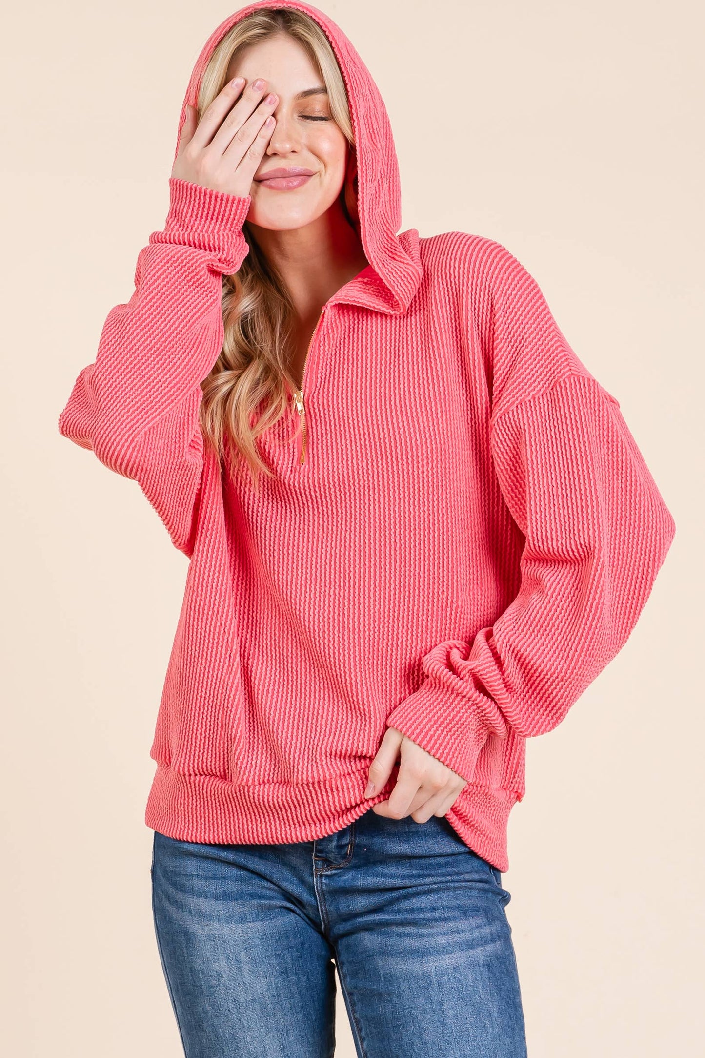 Hot Pink Ribbed Quarter Zip Hoodie