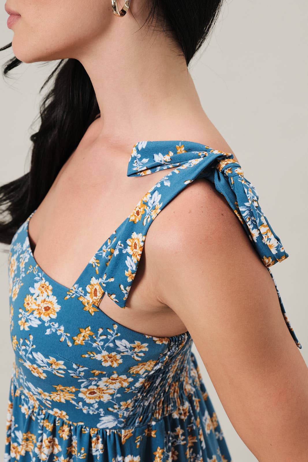 Tie Strap Empire Waist Smocking Tropical Mini Dress: Blue-Yellow Ditsy