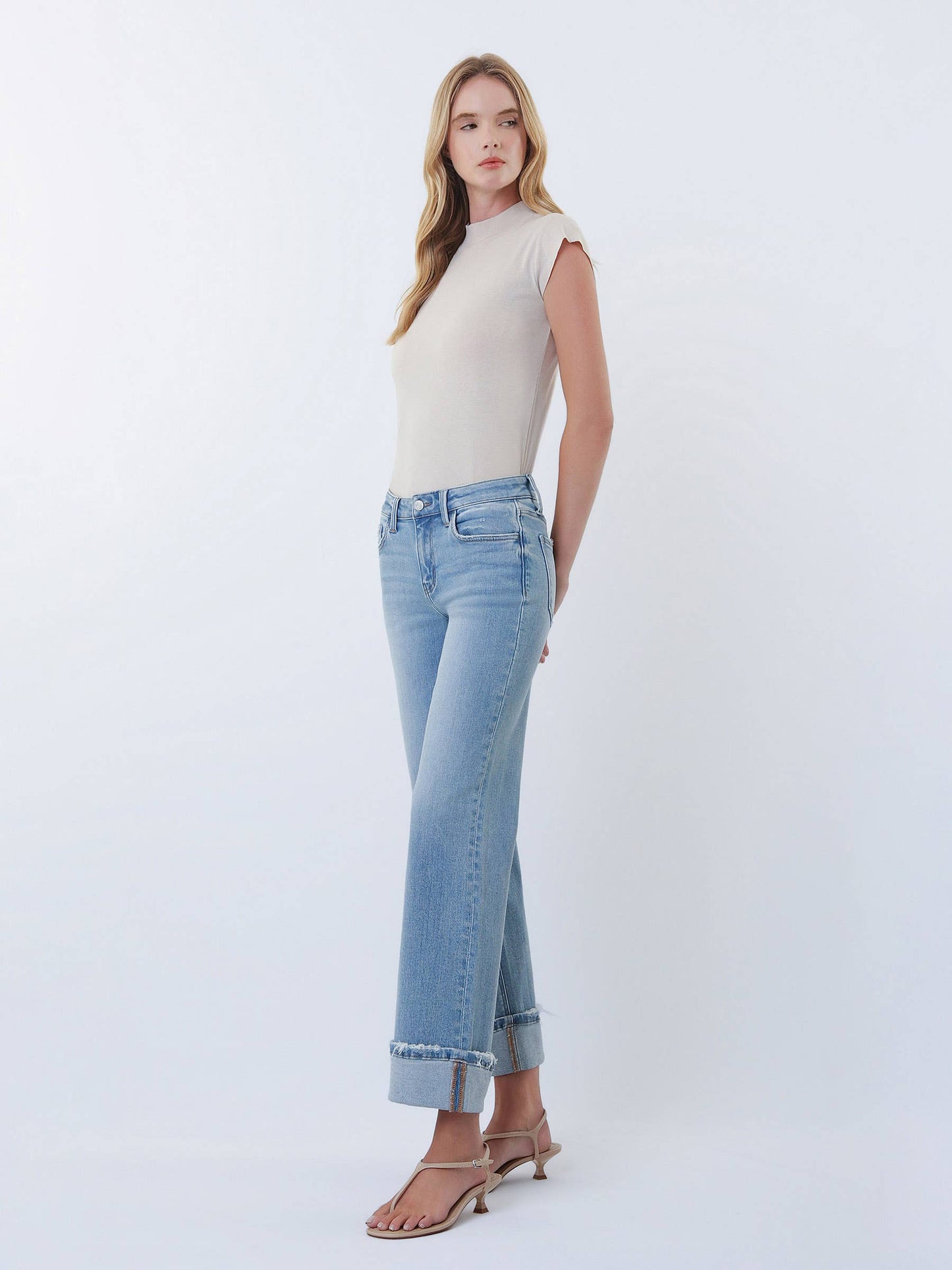 Lovervet Mid Rise Cuffed Slim Wide Leg Jeans