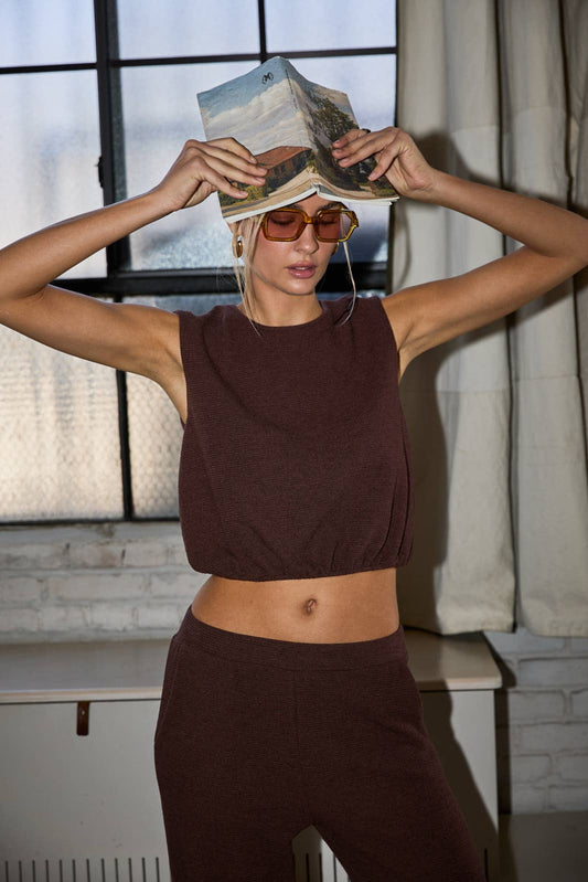 Gilli Round Neck Sleeveless Bubble Hem Top: Mocha