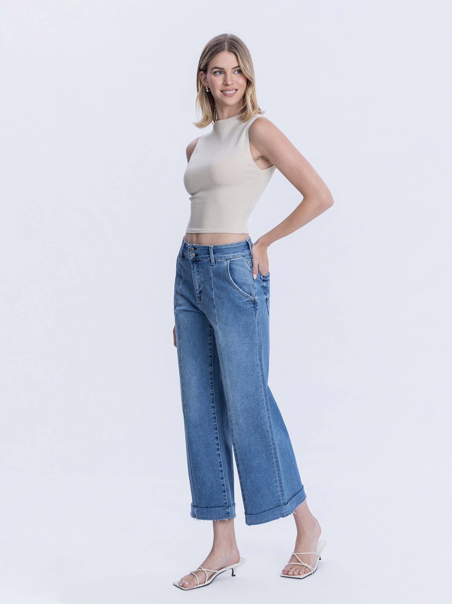 Lovervet High Rise Two Button Trouser Hem Wide Leg