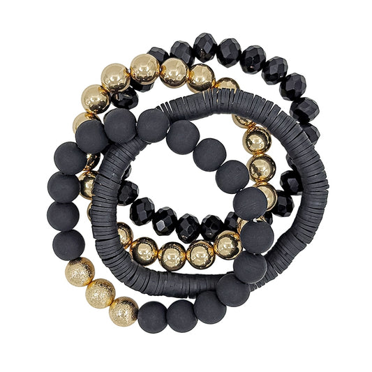Black Rubber, Crystal, and Gold Set of 4 Stretch Bracelets