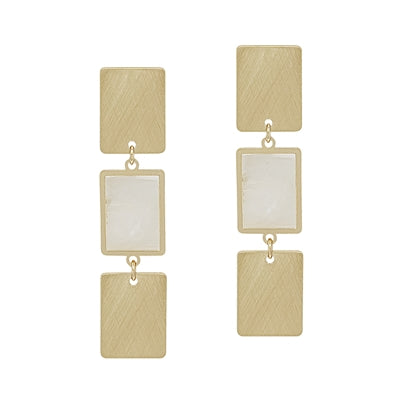 Matte Gold and Pearlized Three Drop Rectangle Earrings