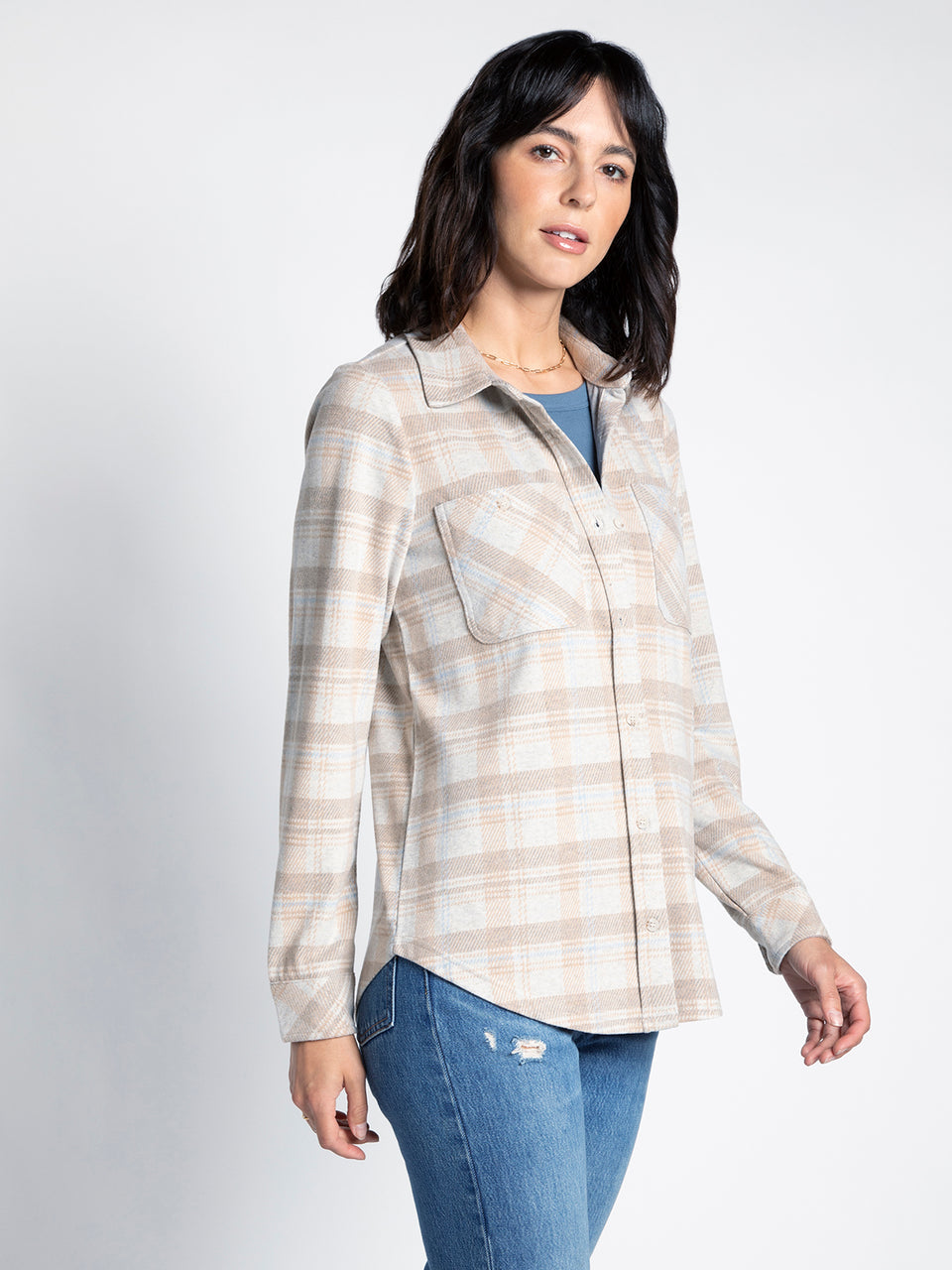Thread & Supply Beige and Blue Plaid Lewis Top
