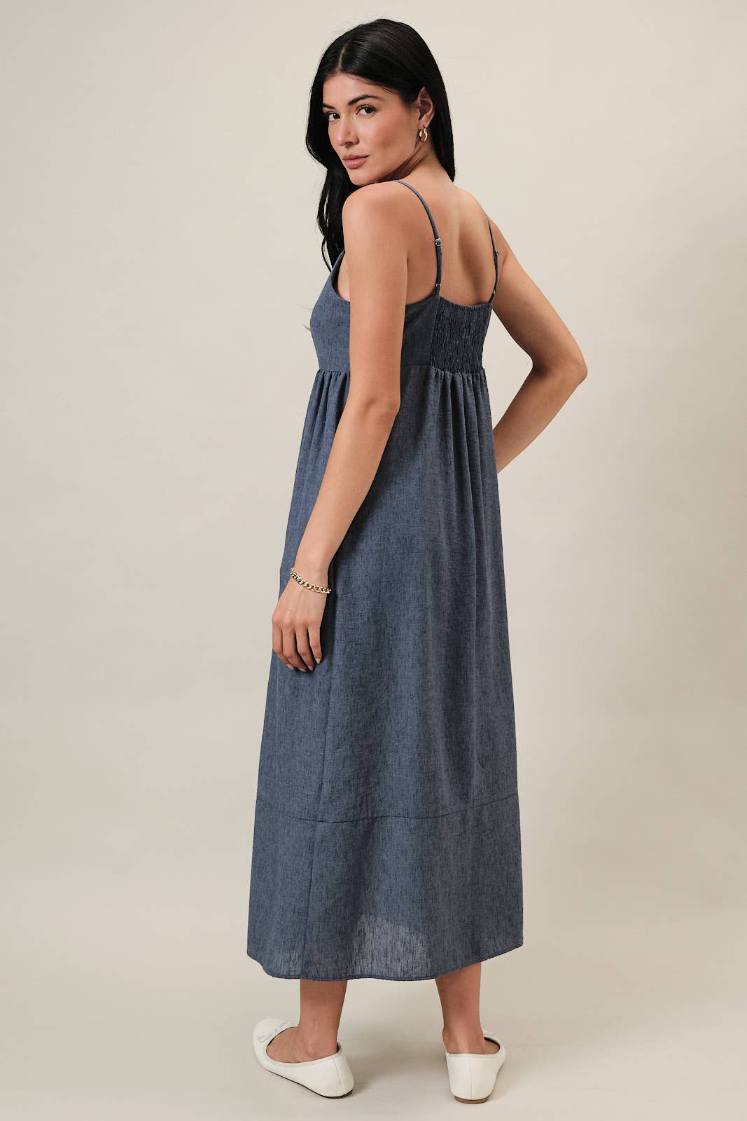 Sweet Heart Neck Spagetti Strap Linen Look Midi Dress: Navy