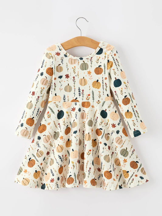 Fall Orange Pumpkin & Leaf Twirl Girls Dress
