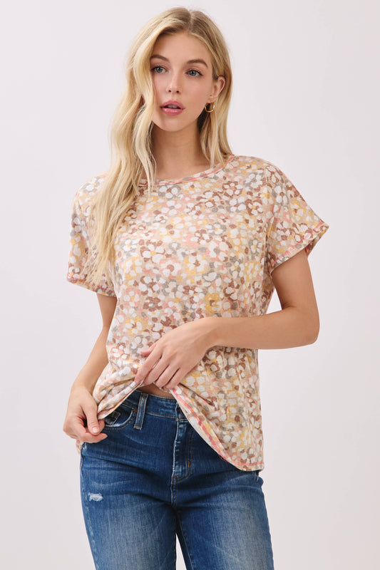 Beige Watercolor Dot Print Knit Top