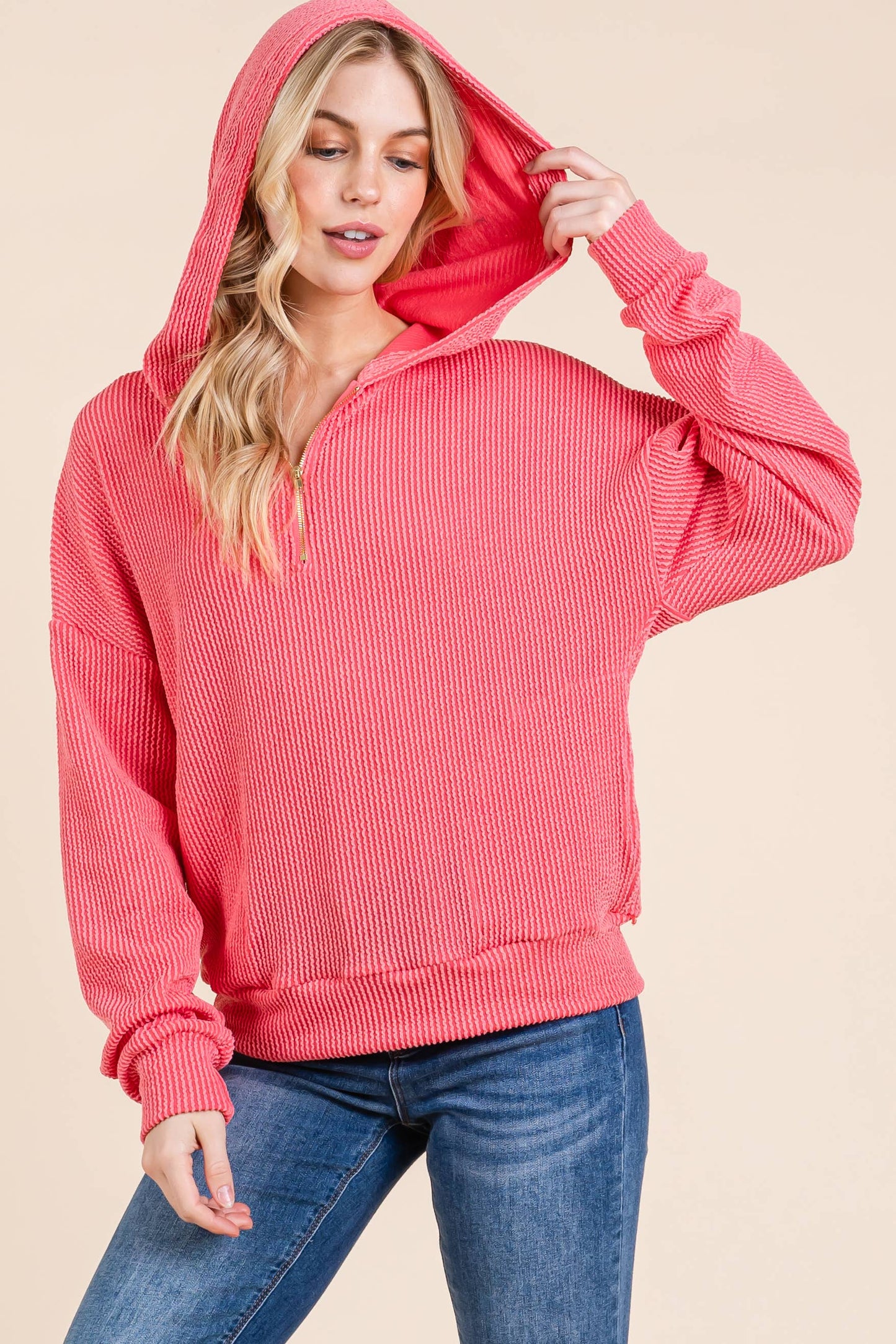 Hot Pink Ribbed Quarter Zip Hoodie