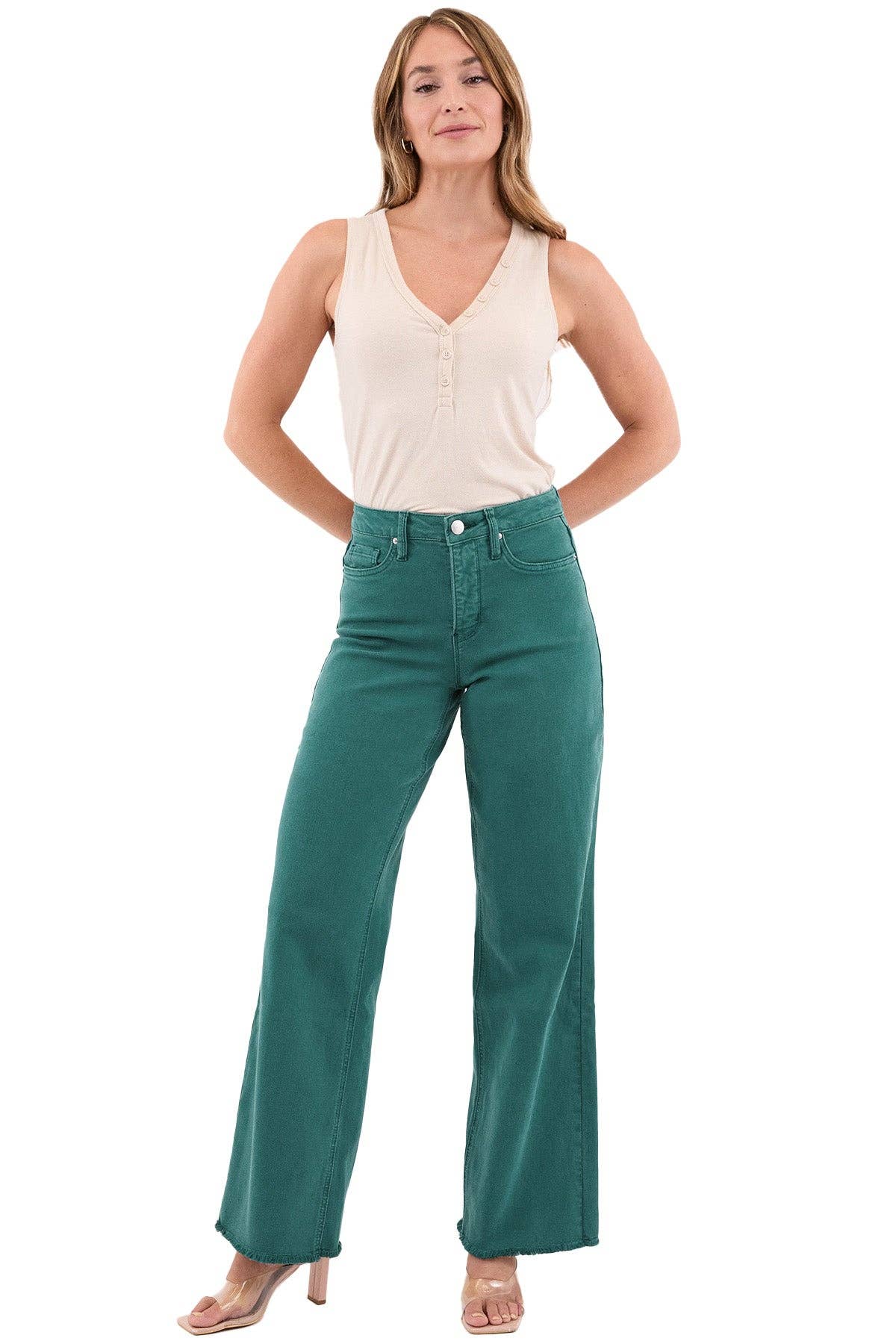 Chloe High Rise Frayed Wide Leg Pants: Blue Teal