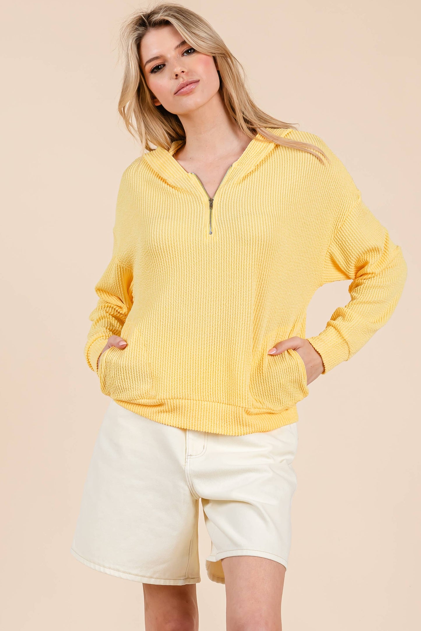 Sunshine Yellow Ribbed Quarter Zip Hoodie