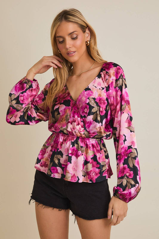 Gilli Long Sleeve Peplum Top: Black-Fuschia Floral