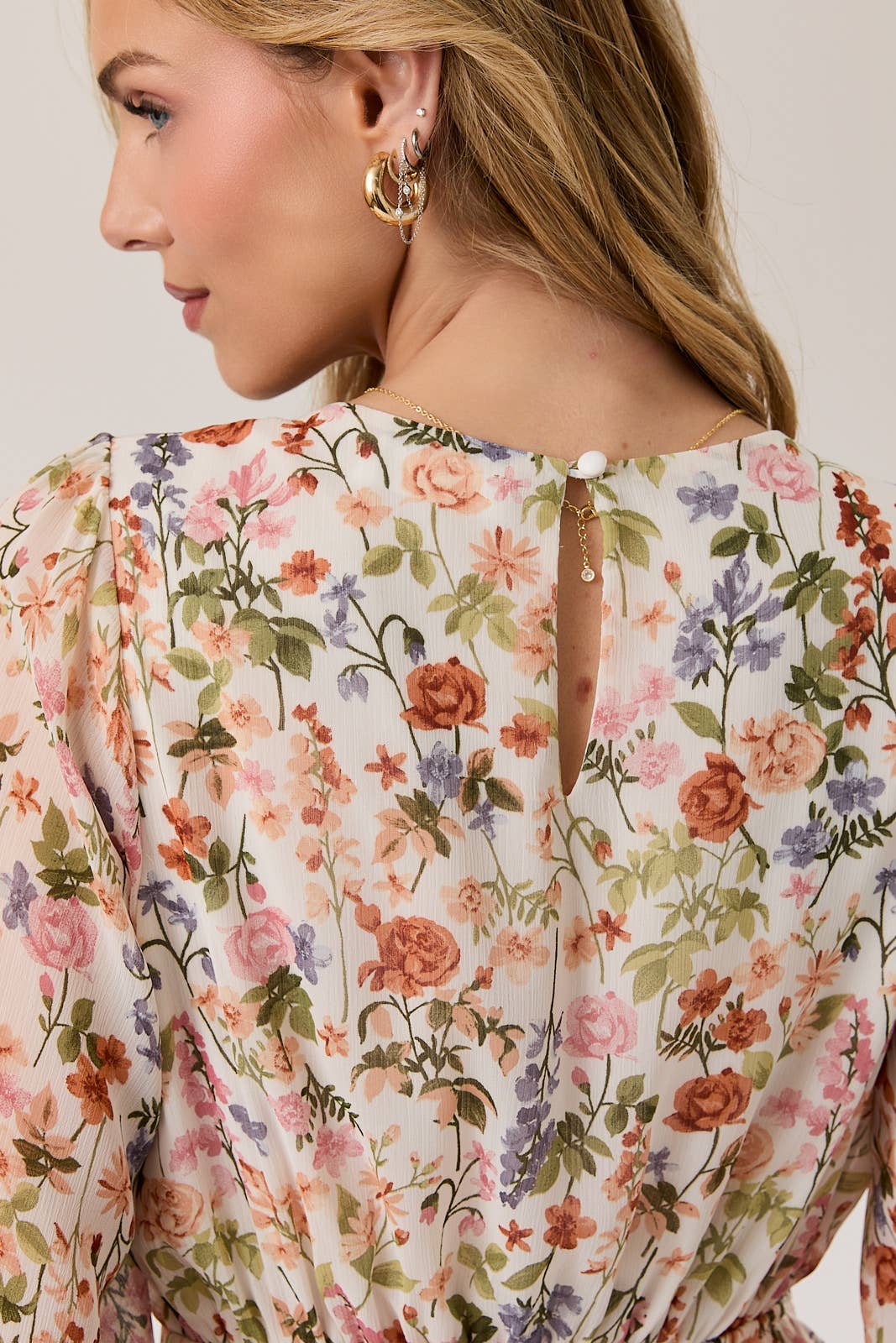 Gilli Long Sleeve Floral Print Mini Dress: Ivory-Multi Floral