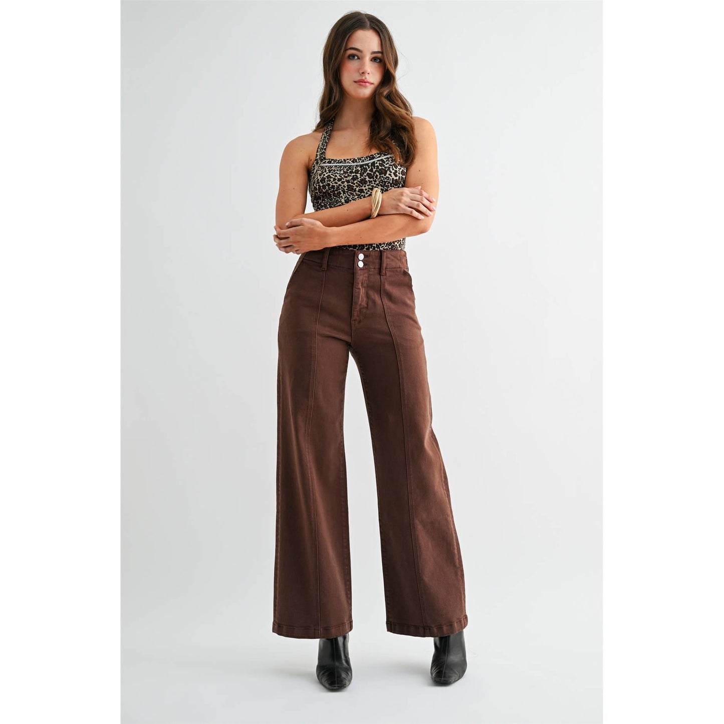 Mica Denim High Rise Tummy Control Wide Leg Seamed Front - Brown