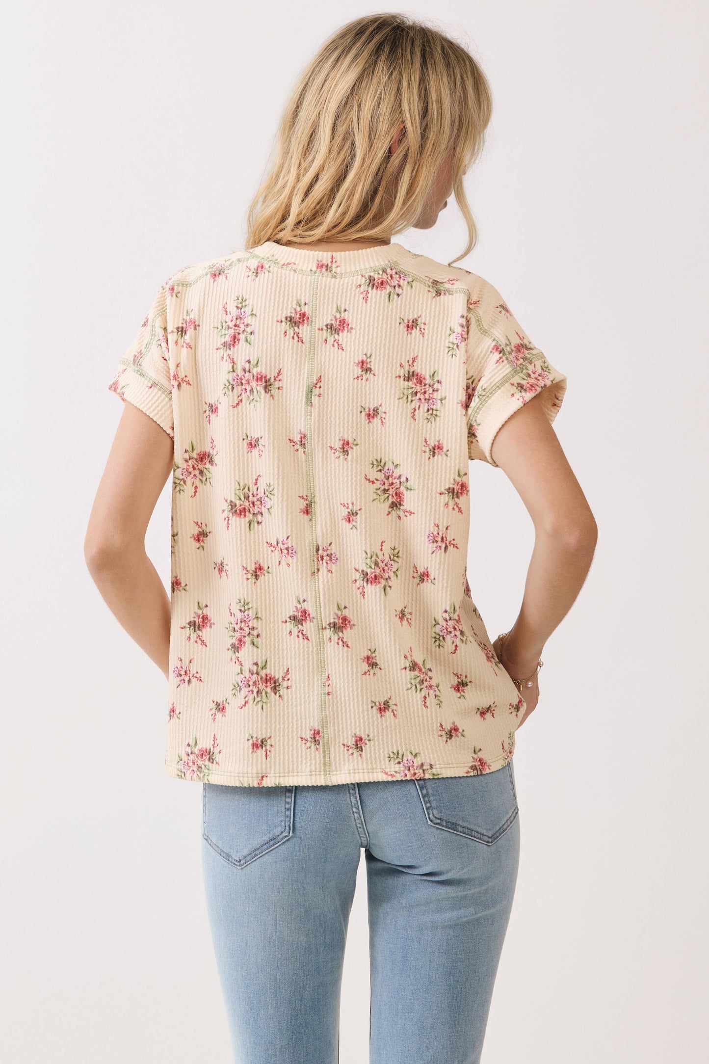 Bombom Floral Ribbed Short Sleeve Knit Top