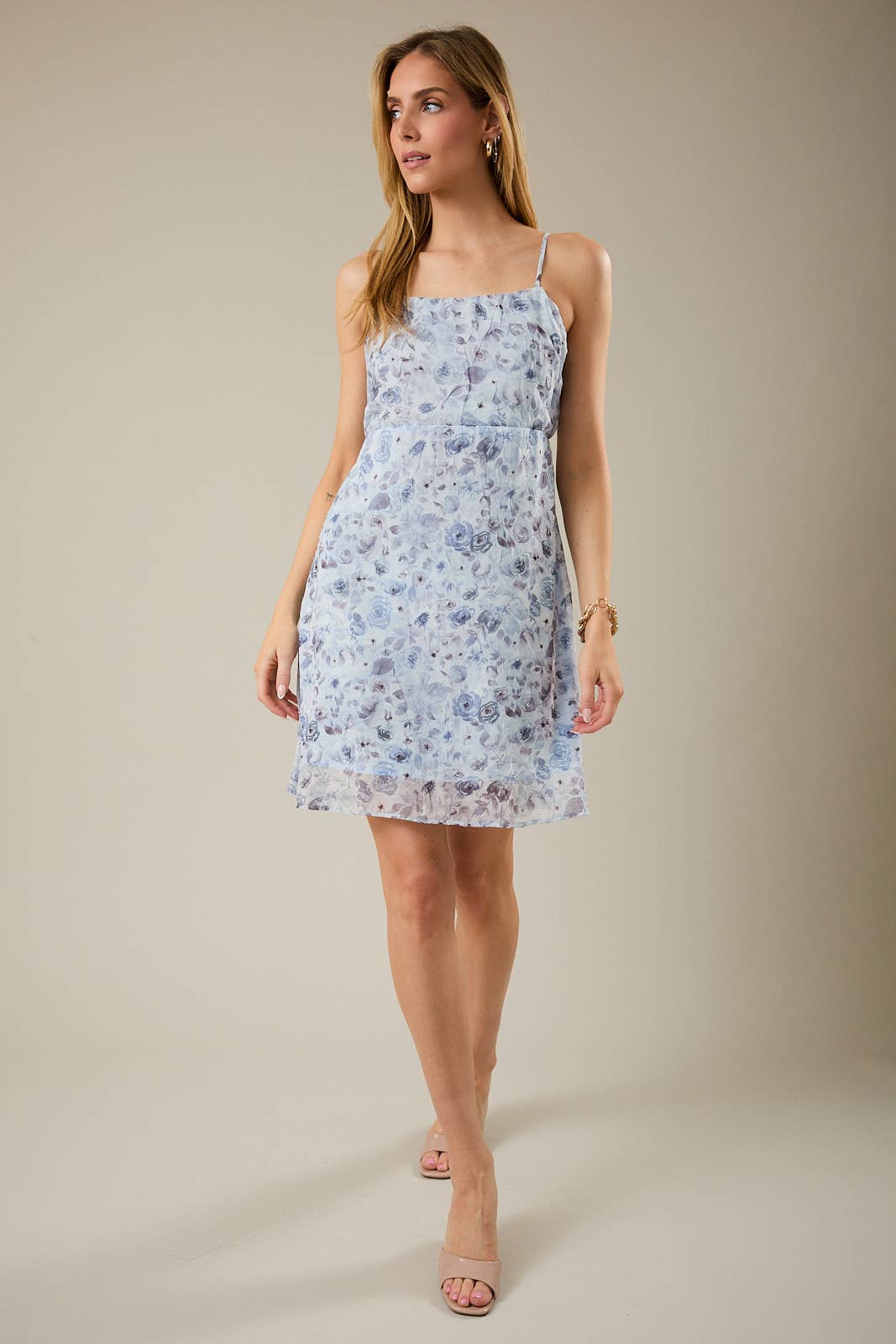 Gilli Sleeveless Spaghetti Strap Floral Mini Dress: Blue-Multi Floral
