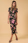 Round Neck Short Sleeve Waist Tie Slit Floral Midi Dress: Black-Multi Floral