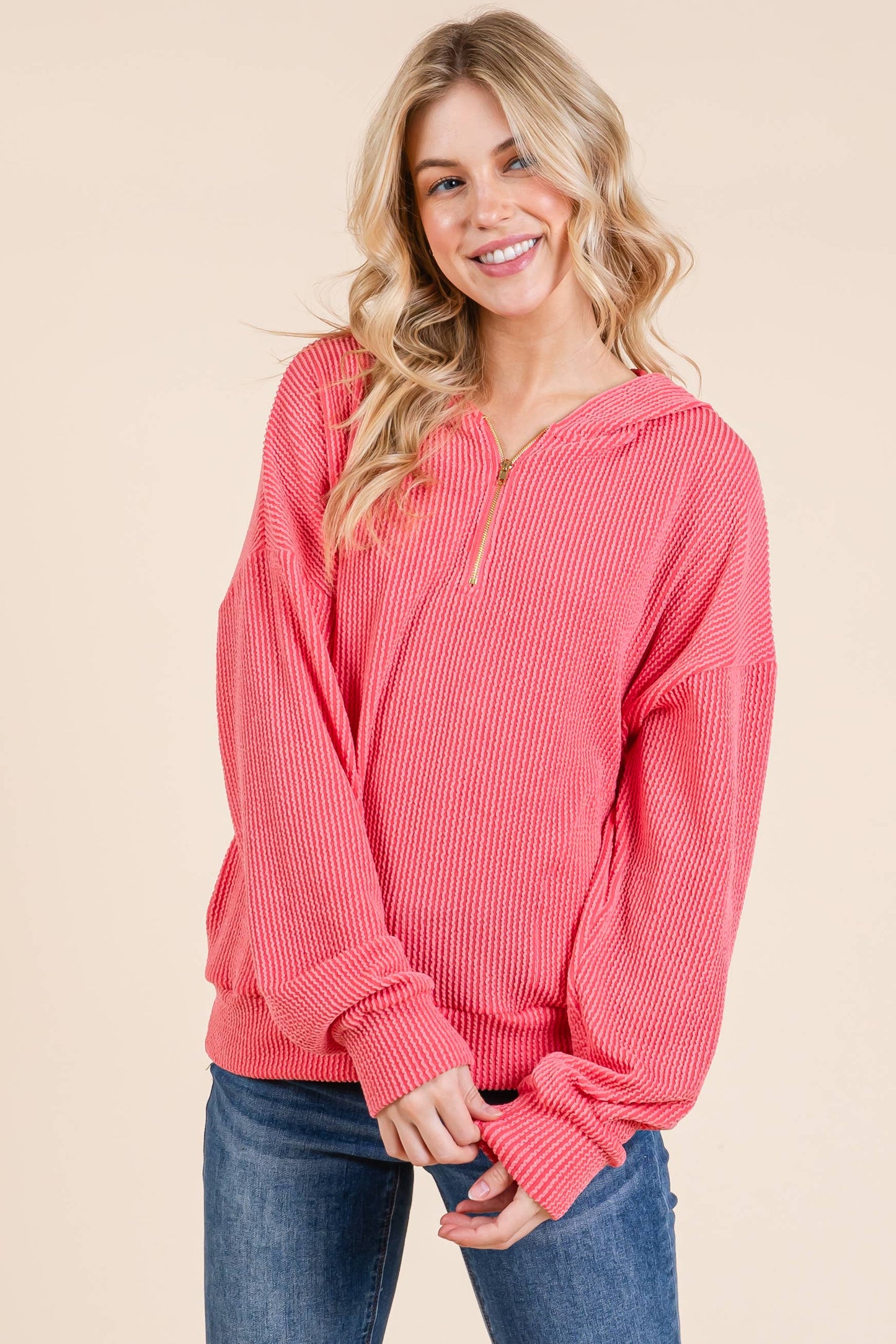 Hot Pink Ribbed Quarter Zip Hoodie