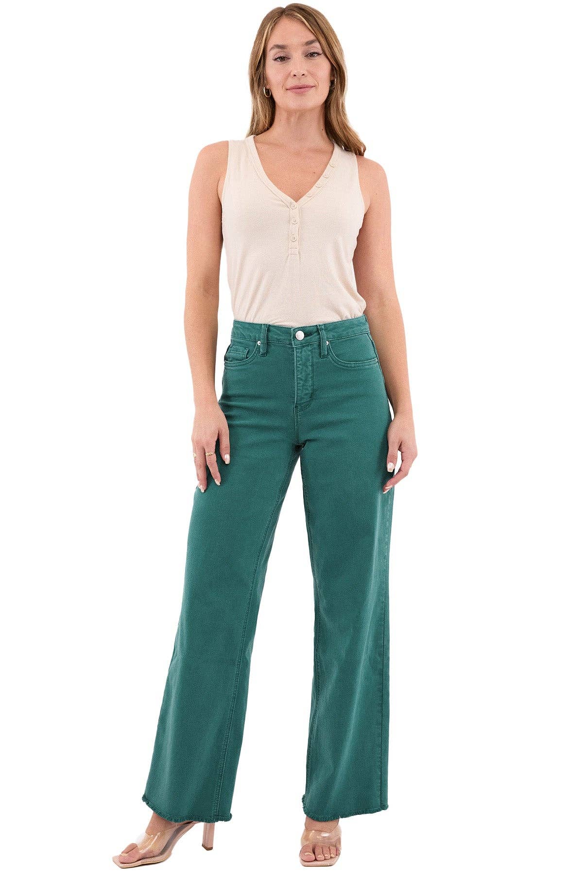 Chloe High Rise Frayed Wide Leg Pants: Blue Teal