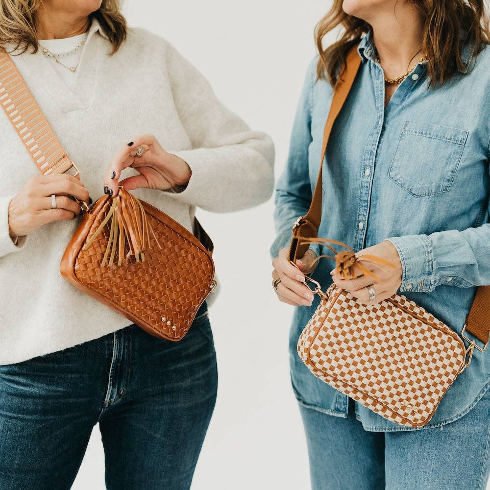 Woven Willow Camera Crossbody Bag:  Camel