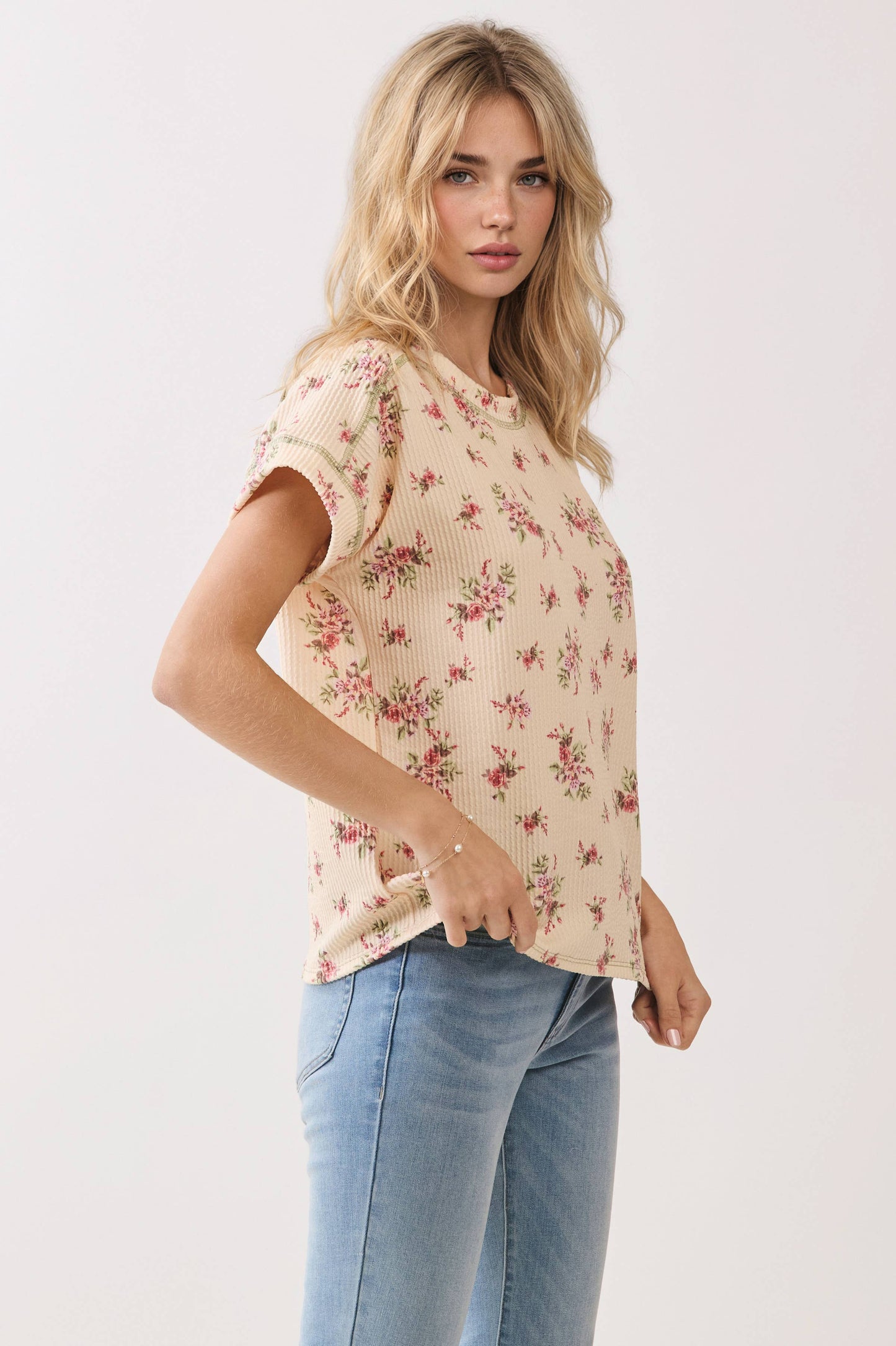 Bombom Floral Ribbed Short Sleeve Knit Top