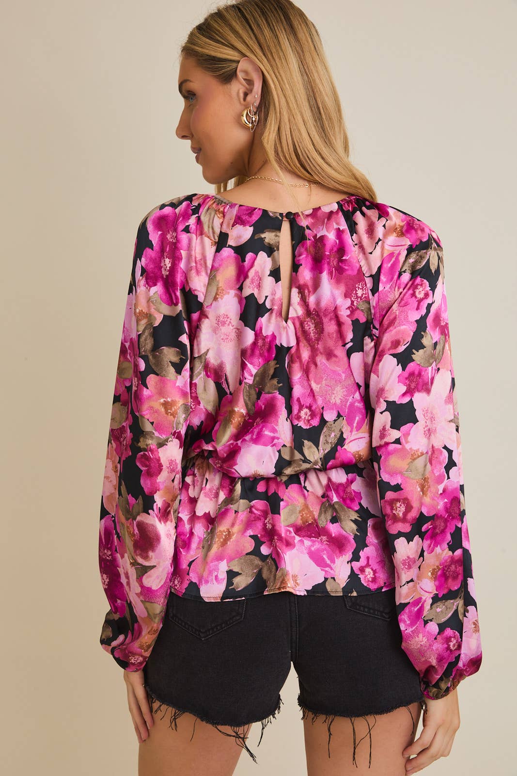 Gilli Long Sleeve Peplum Top: Black-Fuschia Floral