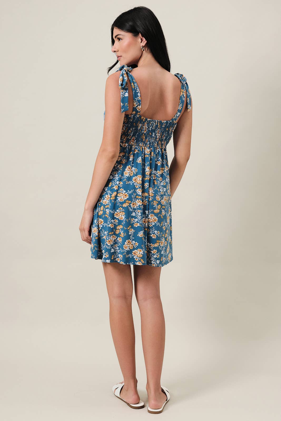 Tie Strap Empire Waist Smocking Tropical Mini Dress: Blue-Yellow Ditsy
