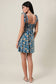 Tie Strap Empire Waist Smocking Tropical Mini Dress: Blue-Yellow Ditsy