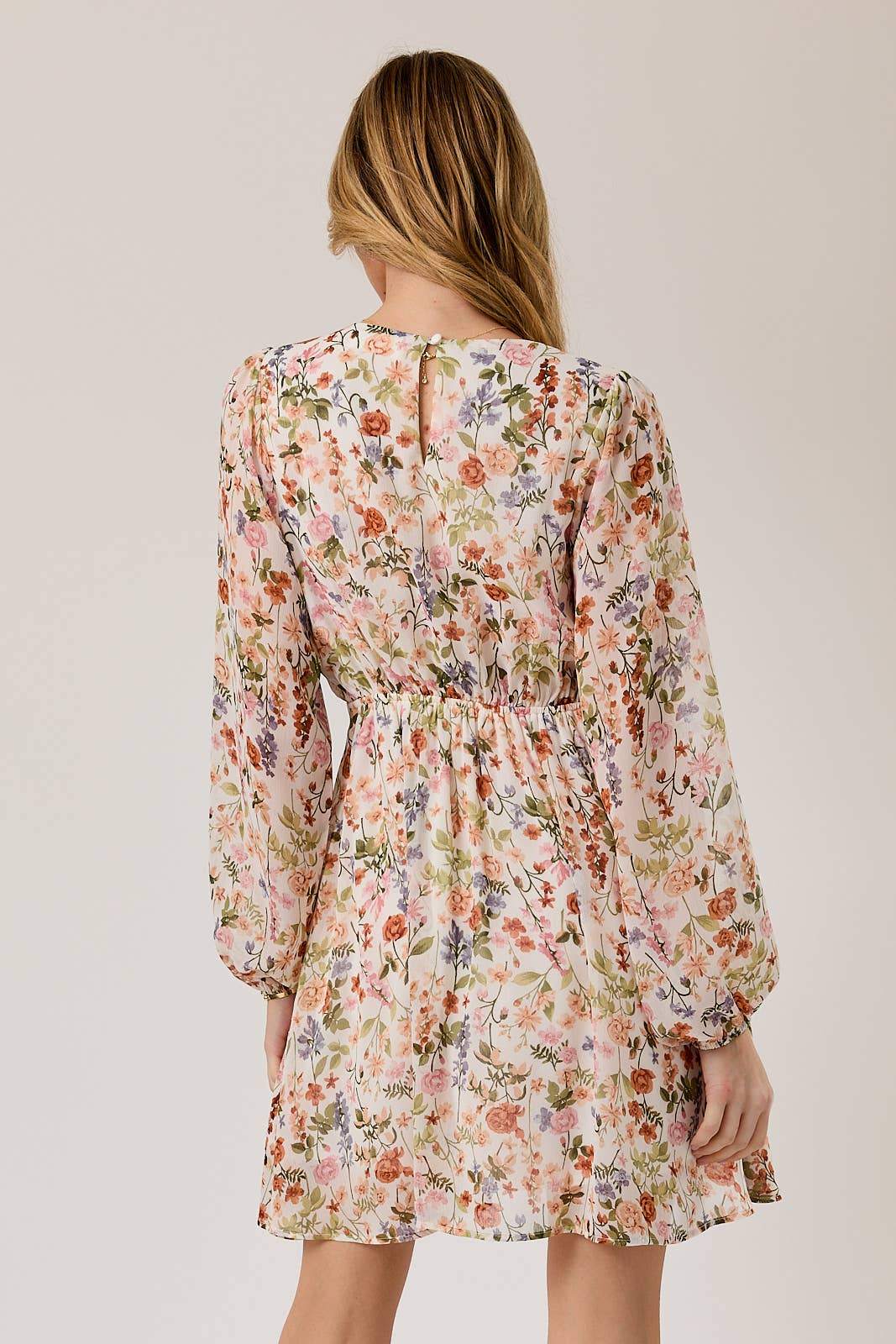Gilli Long Sleeve Floral Print Mini Dress: Ivory-Multi Floral
