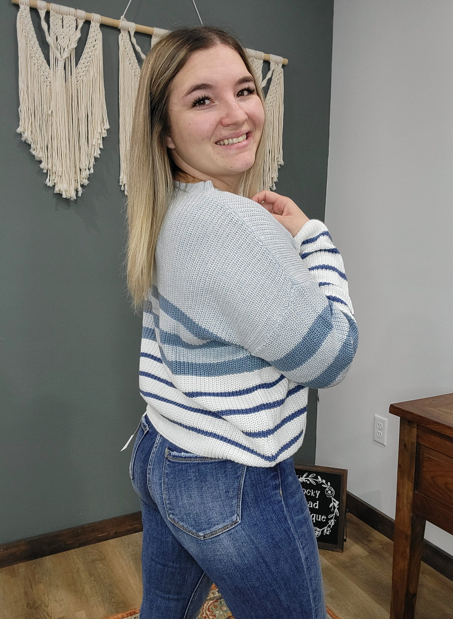 Blue Striped Knit Hem & Thread Sweater