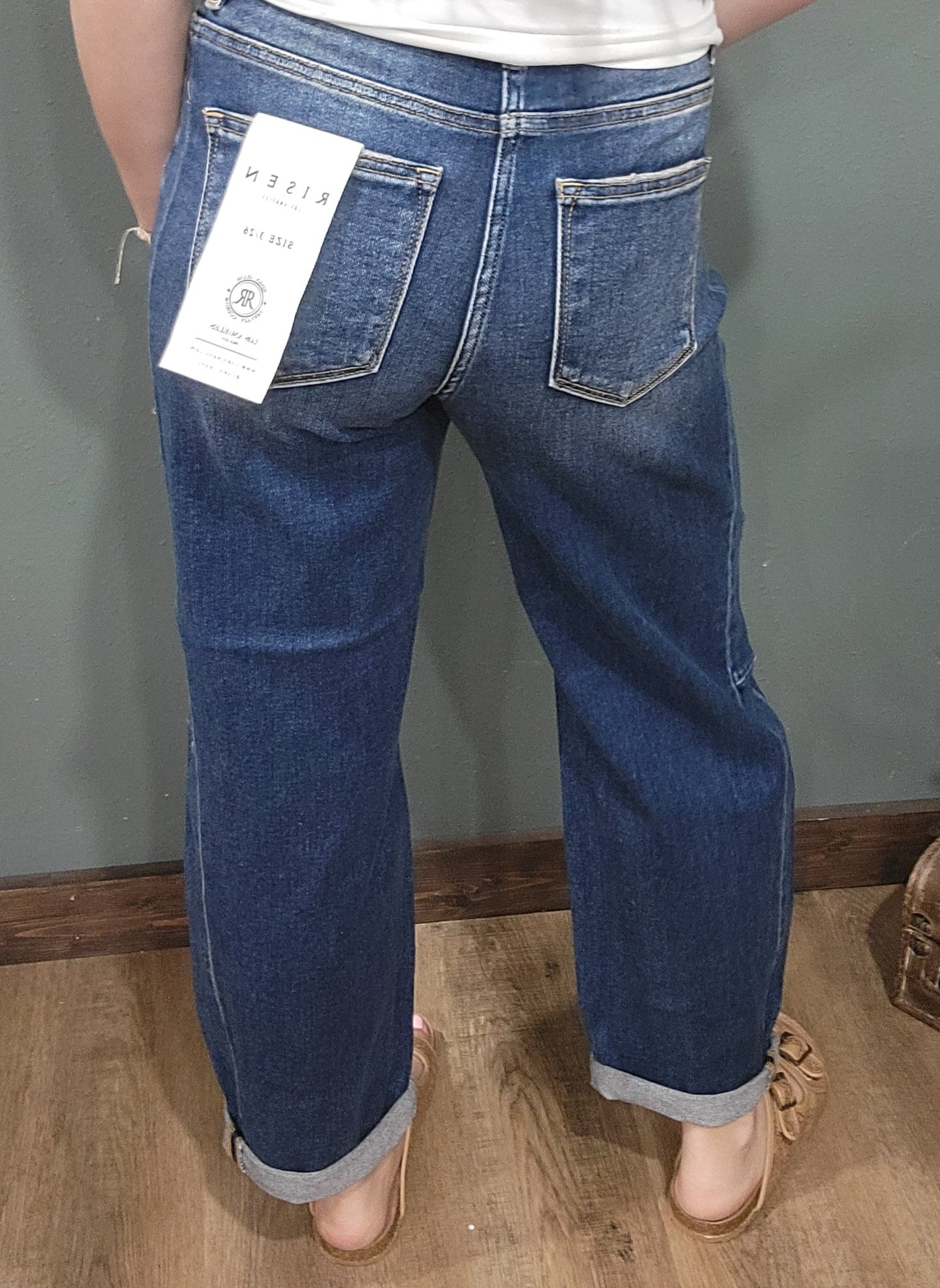 Risen Denim High Rise Cuffed Barrel Jean - Dark Wash