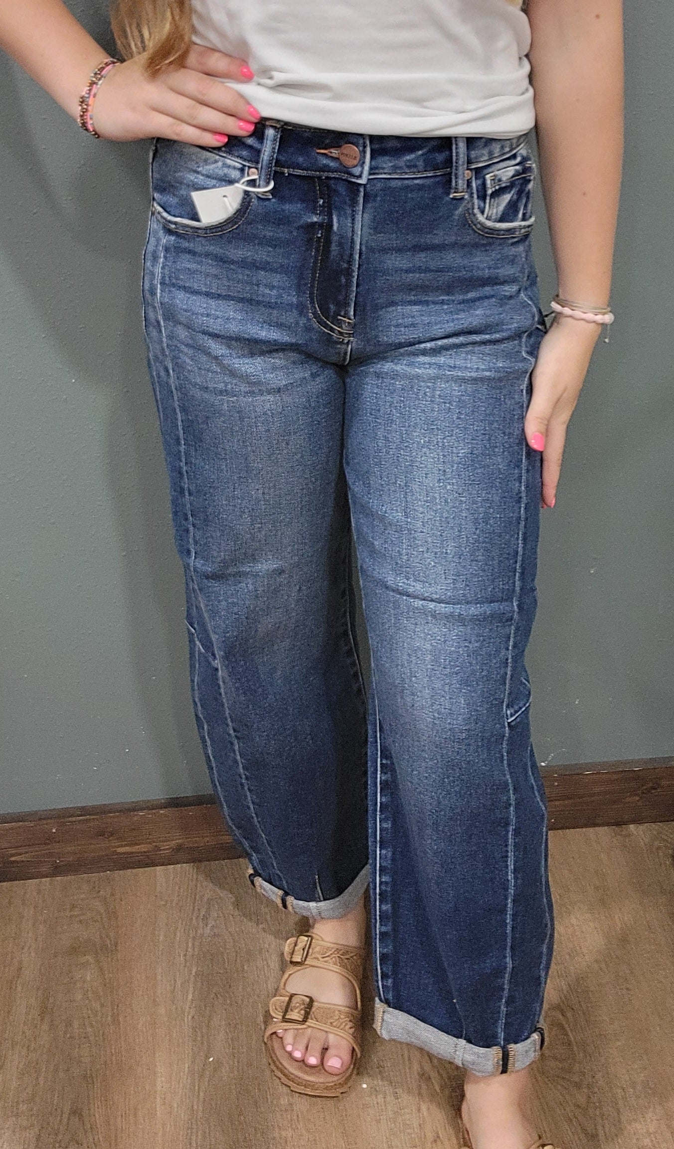 Risen Denim High Rise Cuffed Barrel Jean - Dark Wash