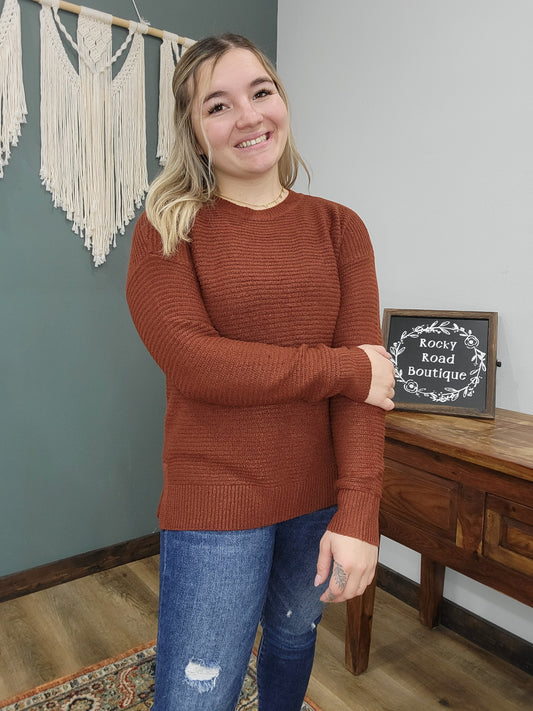 Pink Clover Rust Ribbed Crew Sweater