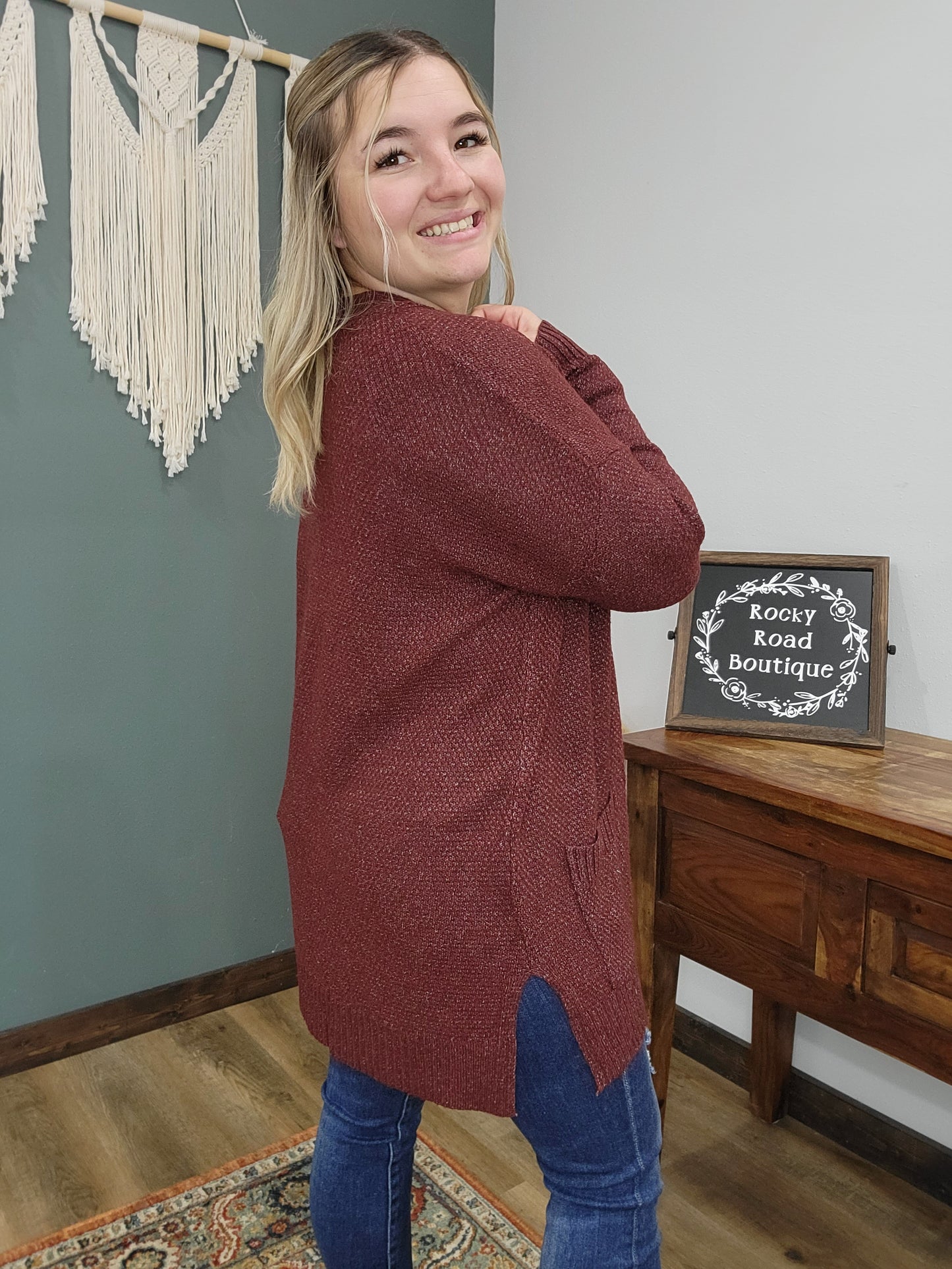 Staccato Burgundy Knit Cardigan with Front Pockets