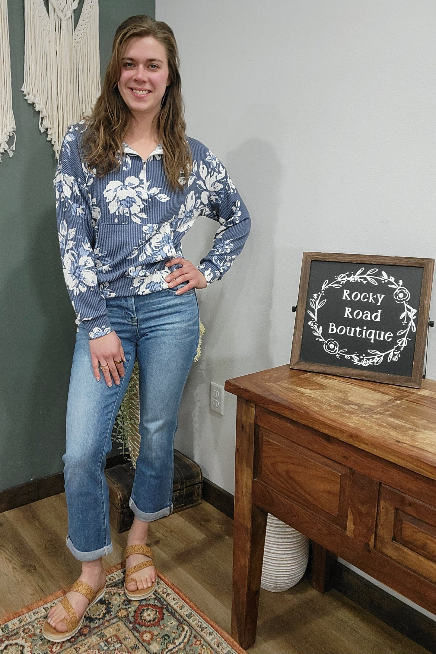 Bombom Blue Floral Ribbed Quarter Zip Hoodie