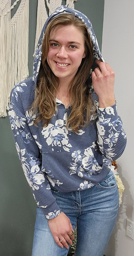 Bombom Blue Floral Ribbed Quarter Zip Hoodie