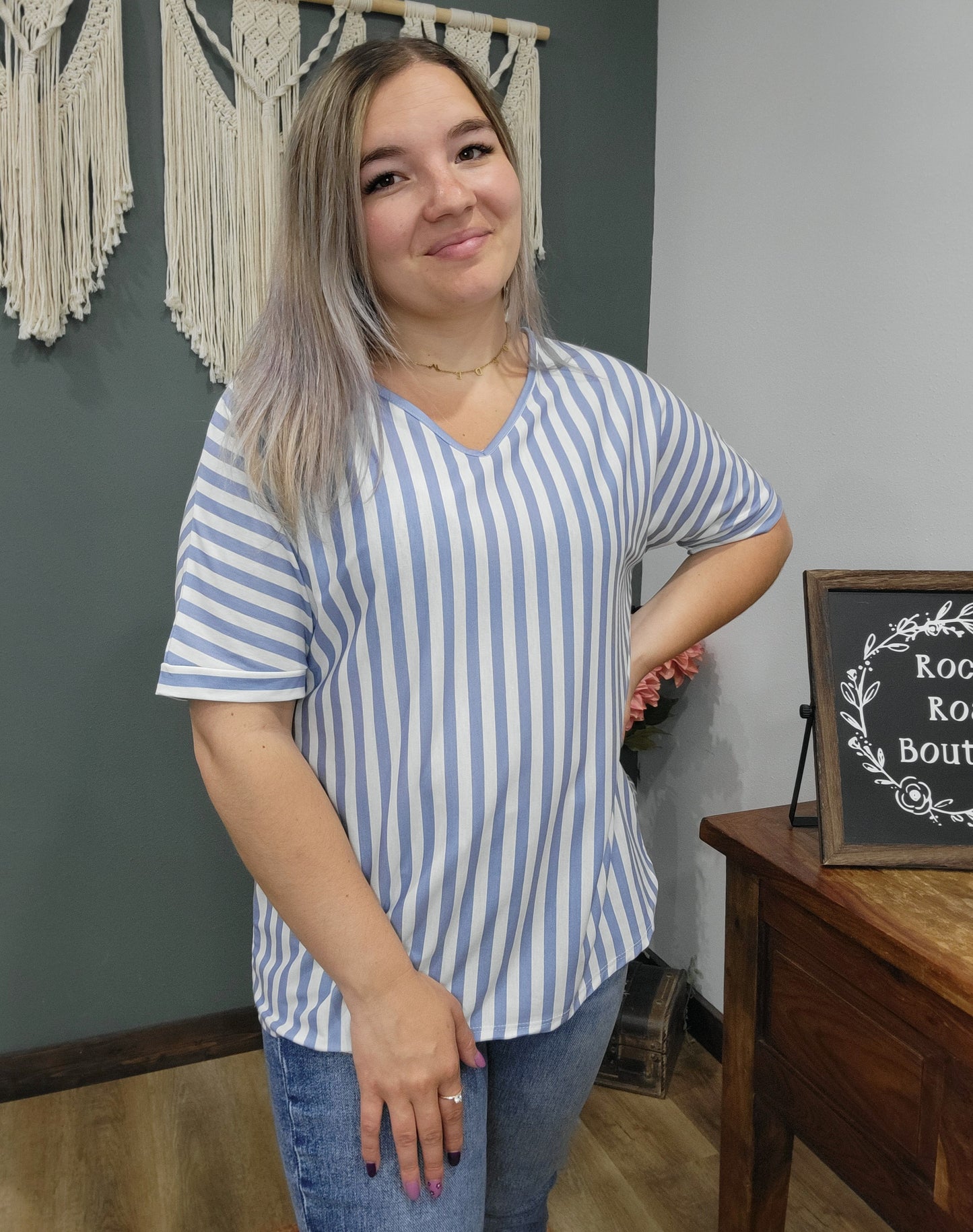 BomBom Blue Striped V-Neck Top