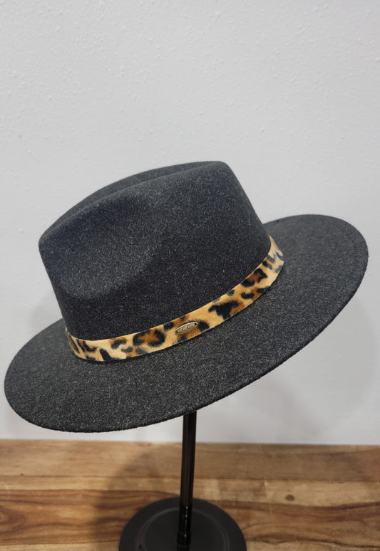 CC Beanie Fedora Hat - Heather Black w/Leopard Print Band